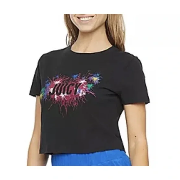 Juicy Couture Black Boyfriend Crew Neck Short Sleeve Crop Top Large NWT - Picture 2 of 3